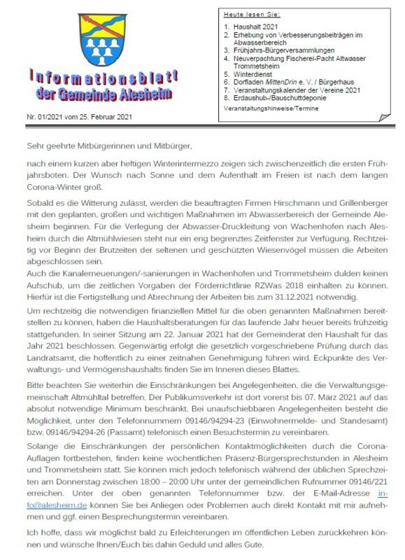 Bild Informationsblatt Nr. 1 vom 25.02.2021